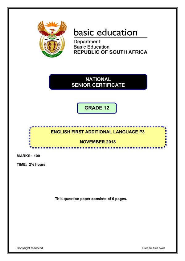 Grade 12 English past paper 2018 – English FAL P3 gr12