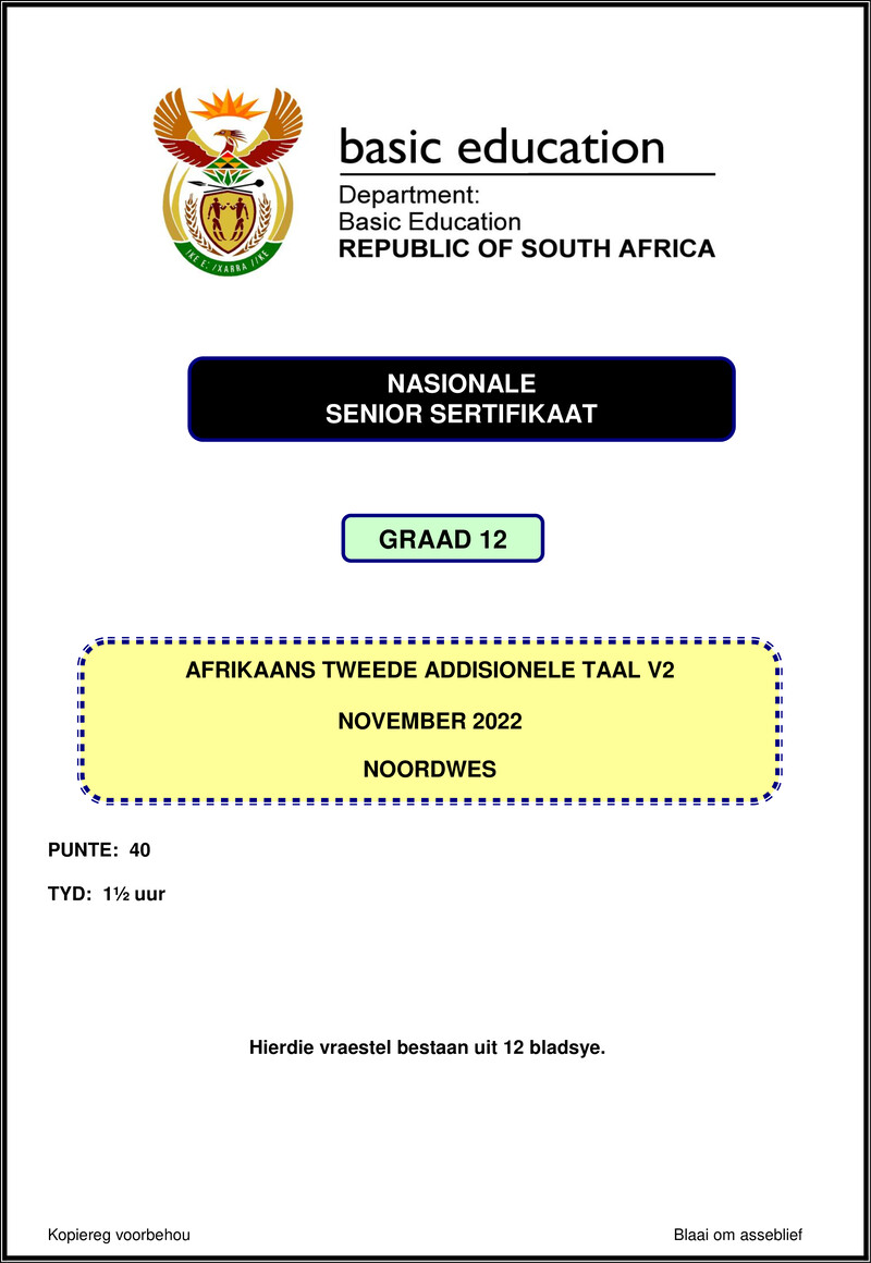 Afrikaans Sal P2 Nov 2022 North West Gr12