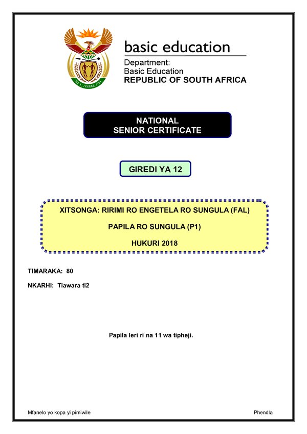 Grade 12 Xitsonga past paper 2018 – Xitsonga FAL P1 gr12