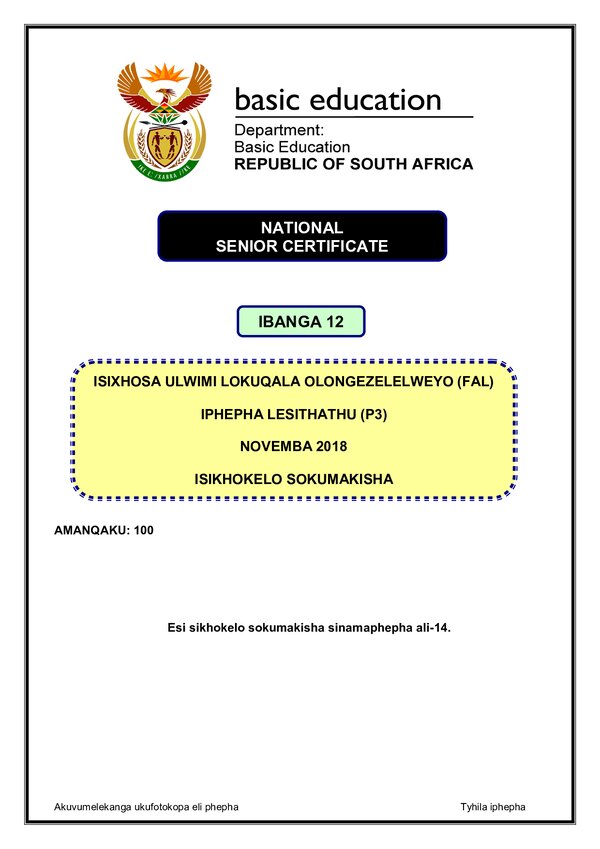 Grade 12 isiXhosa past paper 2018 – IsiXhosa FAL P3 memo gr12