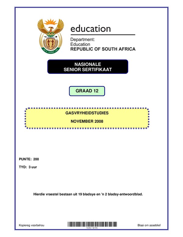 Grade 12 Afrikaans past paper 2008 – Hospitality Studies P1 Afrikaans gr12