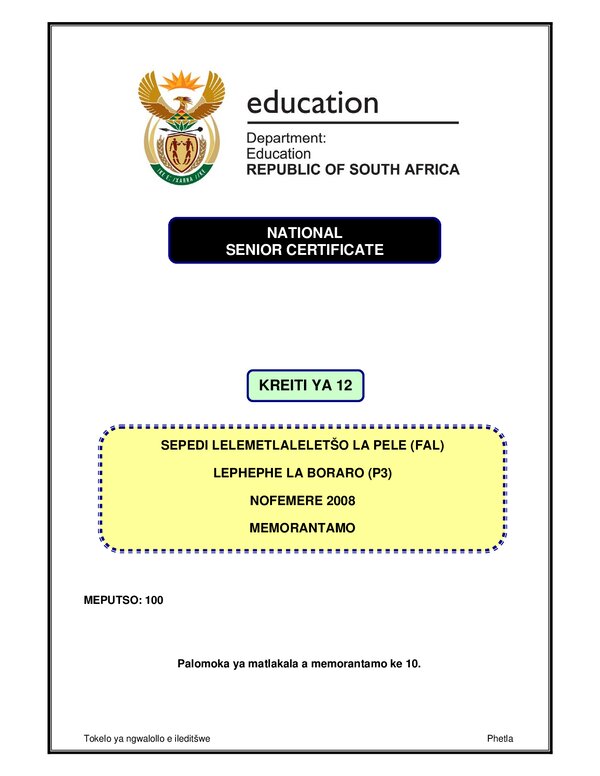Grade 12 Sepedi past paper 2008 – Sepedi FAL P3 rubric gr12