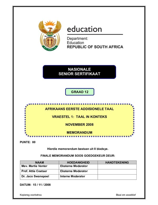 Grade 12 Afrikaans past paper 2008 – Afrikaans FAL P1 memo gr12