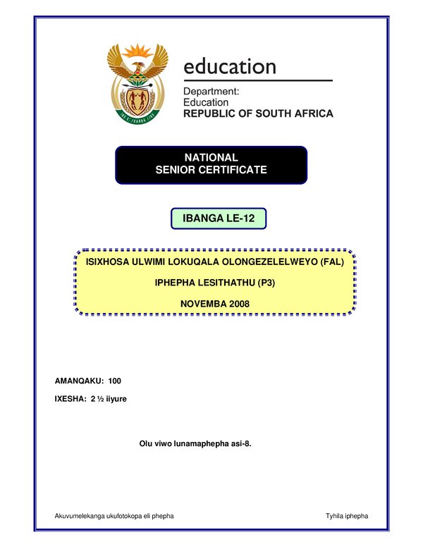 Grade 12 isiXhosa past paper 2008 – IsXhosa FAL P3 gr12