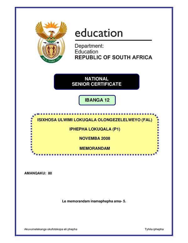 Grade 12 isiXhosa past paper 2008 – IsXhosa FAL P1 memo gr12