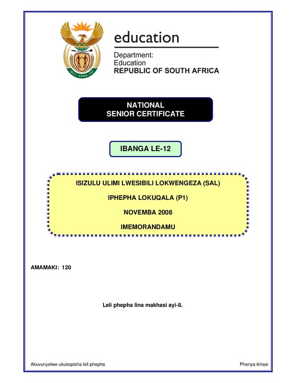 Isizulu Sal P1 (Kwa Zulu Natal) Memo Gr12