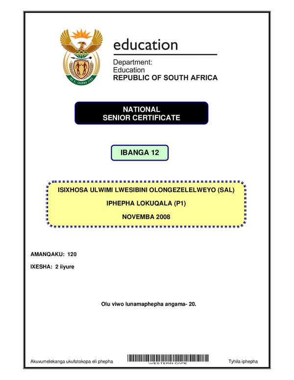 Grade 12 isiXhosa past paper 2007 – IsXhosa SAL P1 (Western Cape) gr12