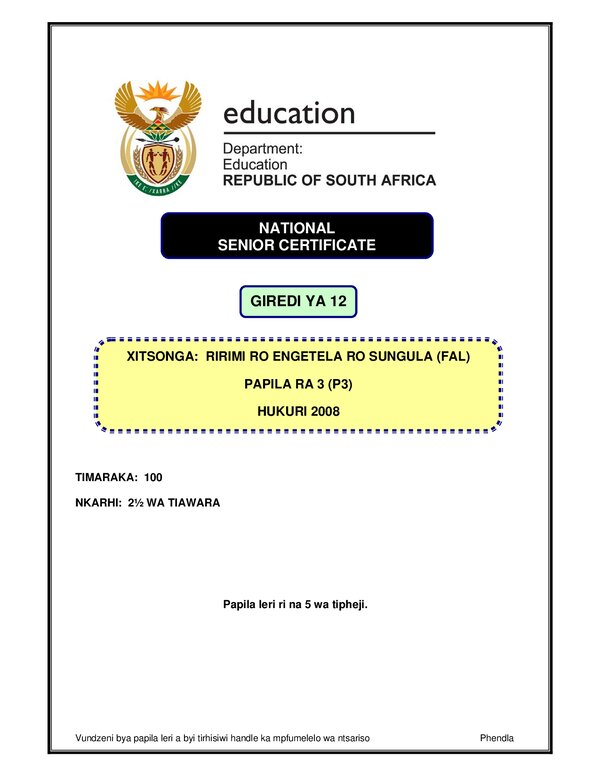 Grade 12 Xitsonga past paper 2007 – Xitsonga FAL P3 memo gr12