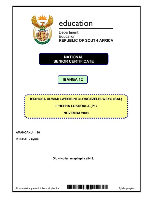 Grade 12 isiXhosa past paper 2007 – IsXhosa SAL P1 (Gauteng) gr12