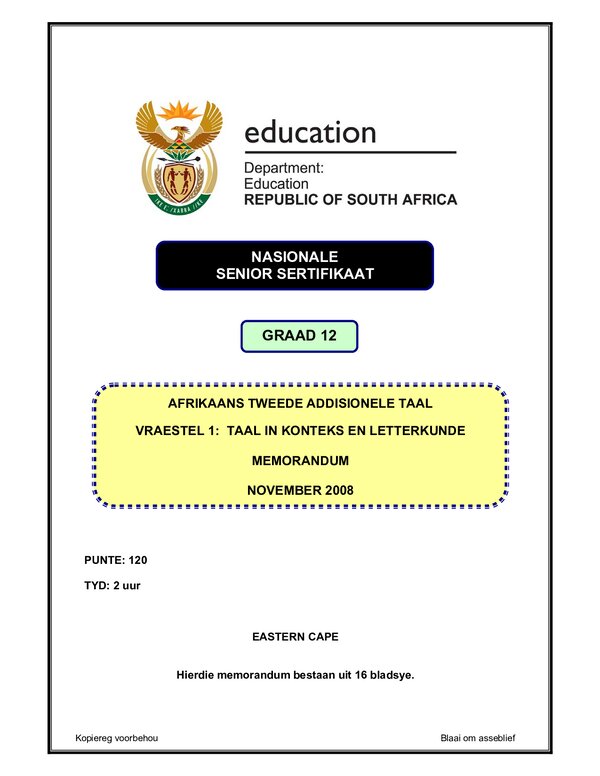 Grade 12 Afrikaans past paper 2004 – Afrikaans SAL P1 (Eastern Cape) memo gr12