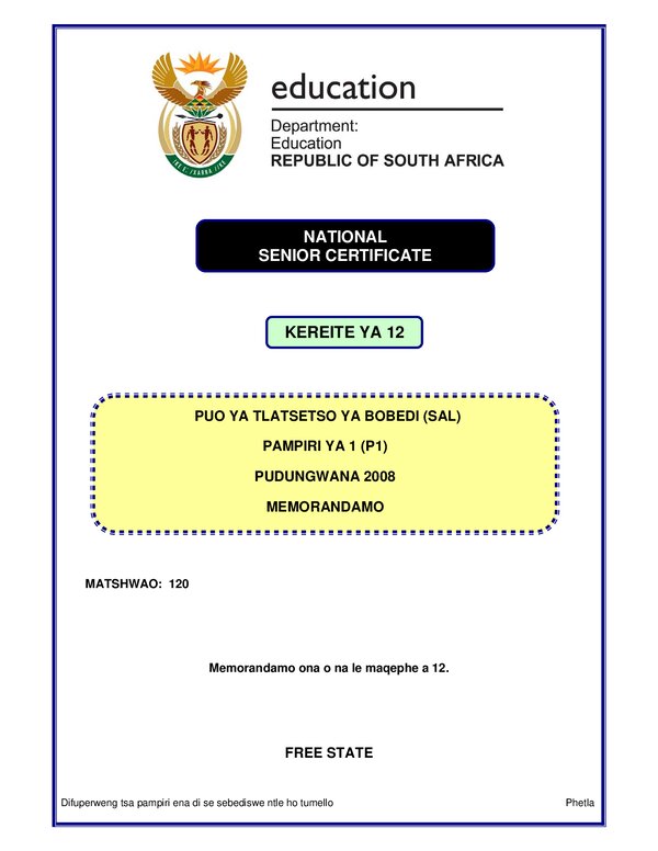 Sesotho Sal P1 (Free State) Memo Gr12