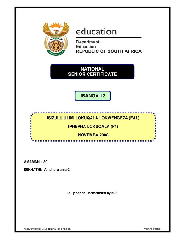 Grade 12 isiZulu past paper 2008 – IsiZulu FAL P1 gr12