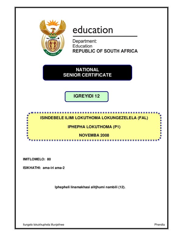 Grade 12 isiNdebele past paper 2008 – Isindebele FAL P1 gr12