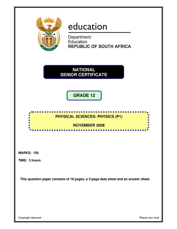 Grade 12 English past paper 2008 – Physical Science P1 English gr12