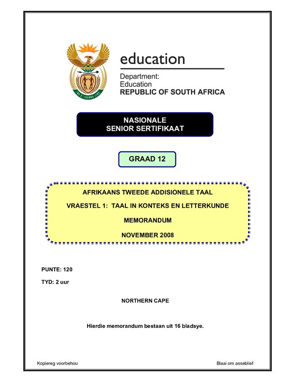 Afrikaans Sal P1 (Northern Cape) Memo Gr12
