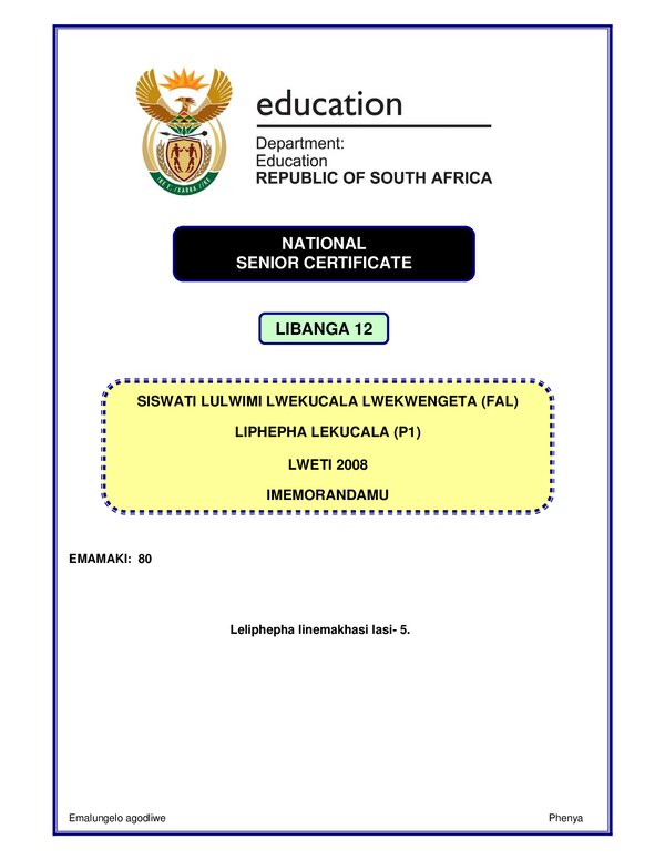 Grade 12 Siswati past paper 2008 – Siswati FAL P1 memo gr12