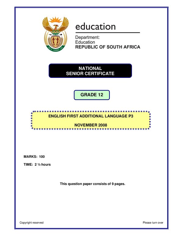 Grade 12 English past paper 2008 – English FAL P3 gr12