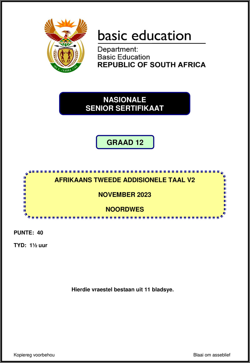 Grade 12 Afrikaans past paper 2023 – afrikaans sal p2 nov 2023 north west gr12