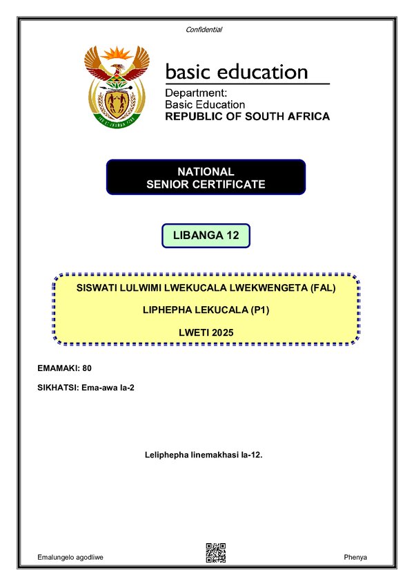 Grade 11 Siswati past paper 2020 – Siswati FAL P1 gr12