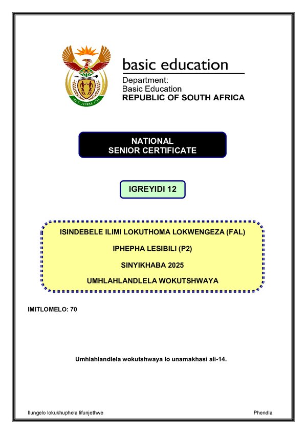 Isindebele Fal P2 Memo Gr12