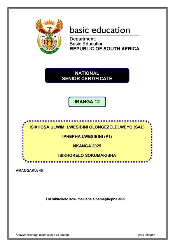 Grade 12 isiXhosa past paper 2025 – IsiXhosa SAL P1 memo gr12