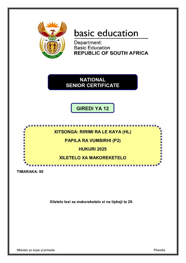 Grade 12 Xitsonga past paper 2025 – Xitsonga HL P2 Memo gr12