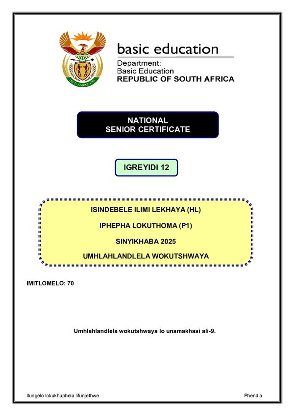 Grade 12 isiNdebele past paper 2025 – IsiNdebele HL P1 Memo gr12