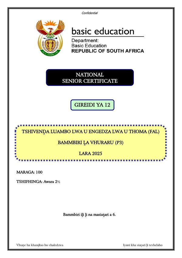 Grade 12 Tshivenda past paper 2025 – Tshivenda FAL P3 gr12