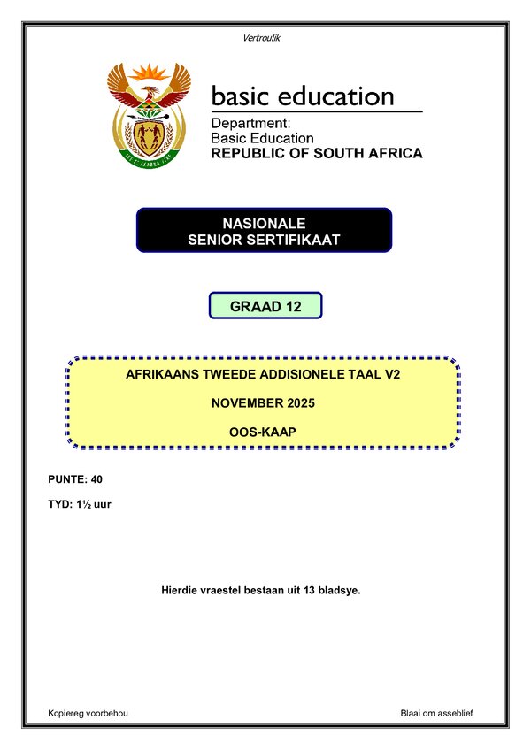 Grade 12 Afrikaans past paper 2025 – Afrikaans SAL P2 (Eastern Cape) gr12