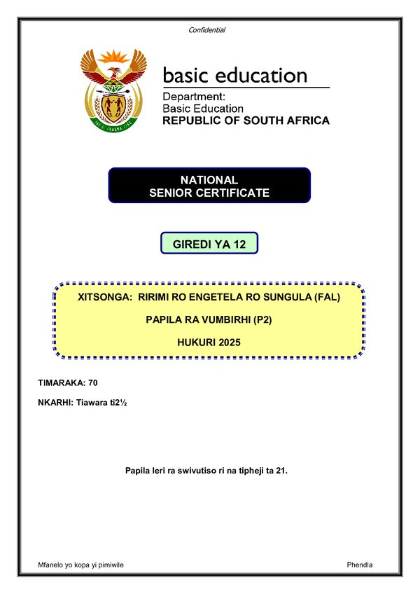 Grade 12 Xitsonga past paper 2025 – Xitsonga FAL P2 gr12