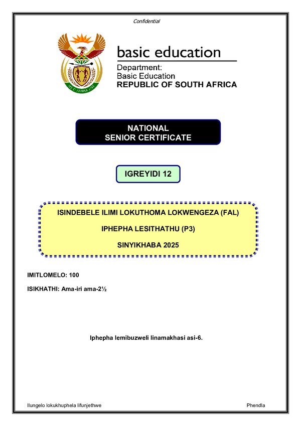 Grade 12 isiNdebele past paper 2025 – IsiNdebele FAL P3 gr12