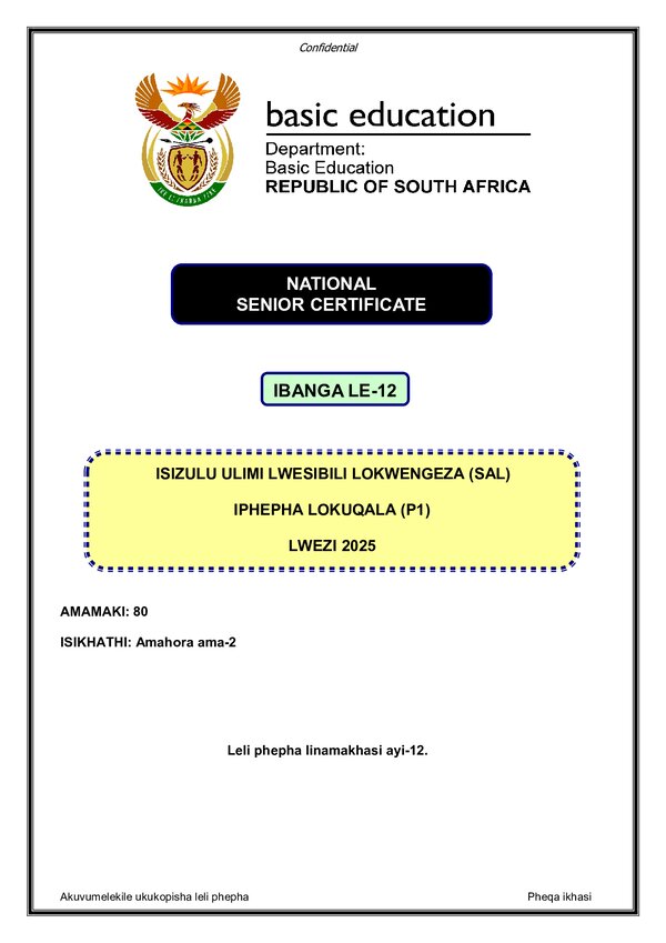 Grade 12 isiZulu past paper 2025 – IsiZulu SAL P1 gr12