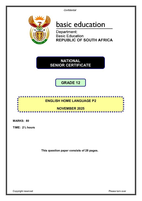 Grade 12 English past paper 2025 – English HL P2 gr12