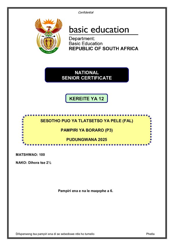Grade 12 Sesotho past paper 2025 – Sesotho FAL P3 gr12