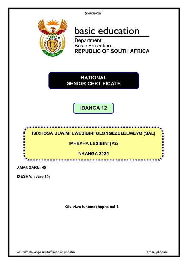 Grade 12 isiXhosa past paper 2025 – IsiXhosa SAL P2 gr12