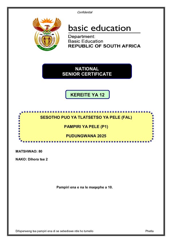 Grade 12 Sesotho past paper 2021 – Sesotho FAL P1 gr12