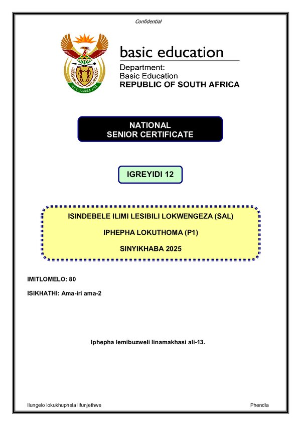 Grade 12 isiNdebele past paper 1991 – IsiNdebele SAL P1 gr12