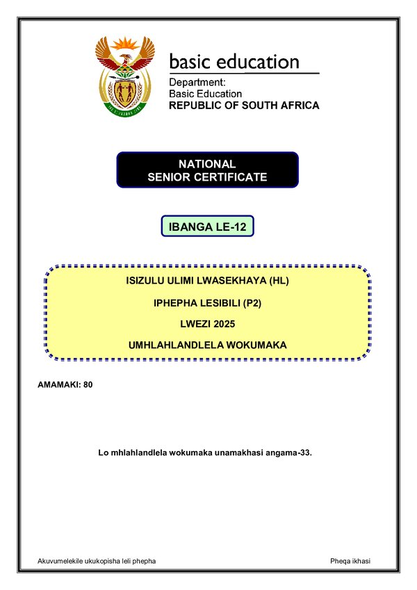 Grade 12 isiZulu past paper 2025 – IsiZulu HL P2 Memo gr12