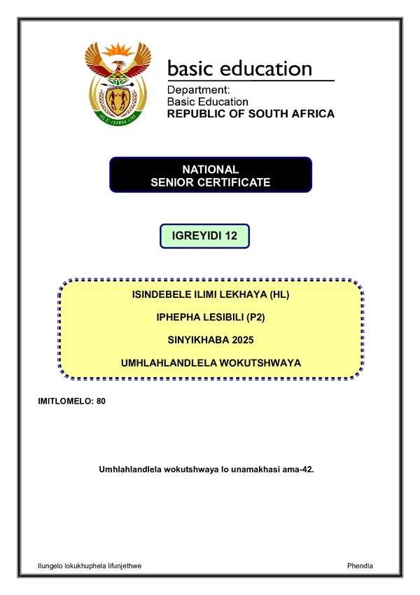 Grade 12 isiNdebele past paper 2025 – IsiNdebele HL P2 Memo gr12