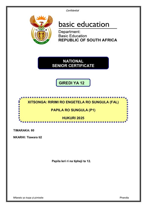 Grade 12 Xitsonga past paper 2025 – Xitsonga FAL P1 gr12