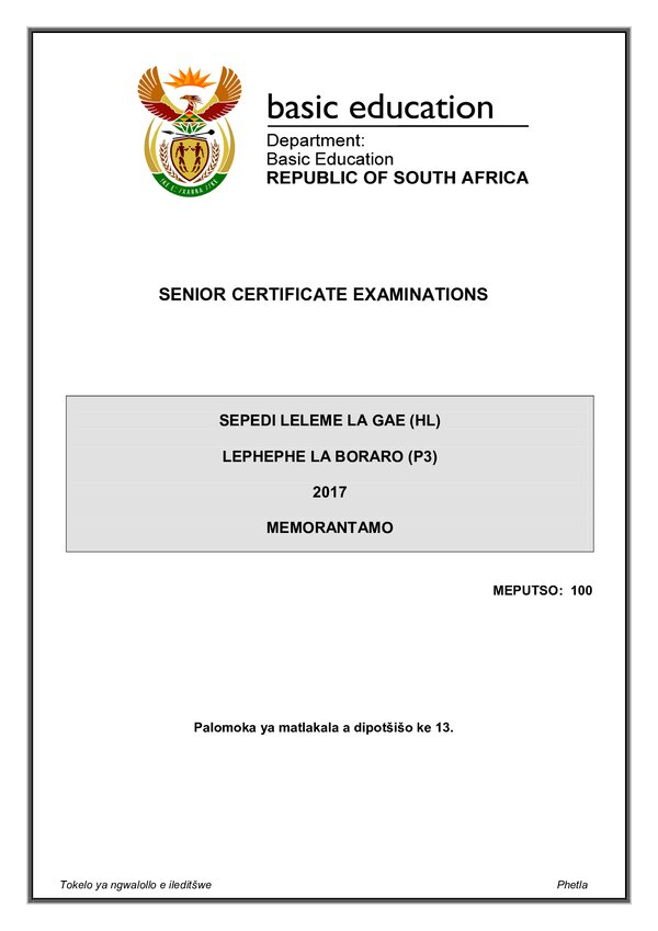 Grade 12 Sepedi past paper 2017 – Sepedi HL P3 memo gr12