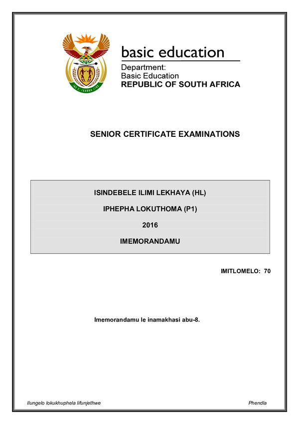 Grade 12 isiNdebele past paper 2016 – IsiNdebele HL P1 memo gr12
