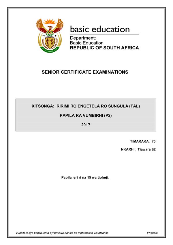 Grade 12 Xitsonga past paper 2017 – Xitsonga FAL P2 gr12