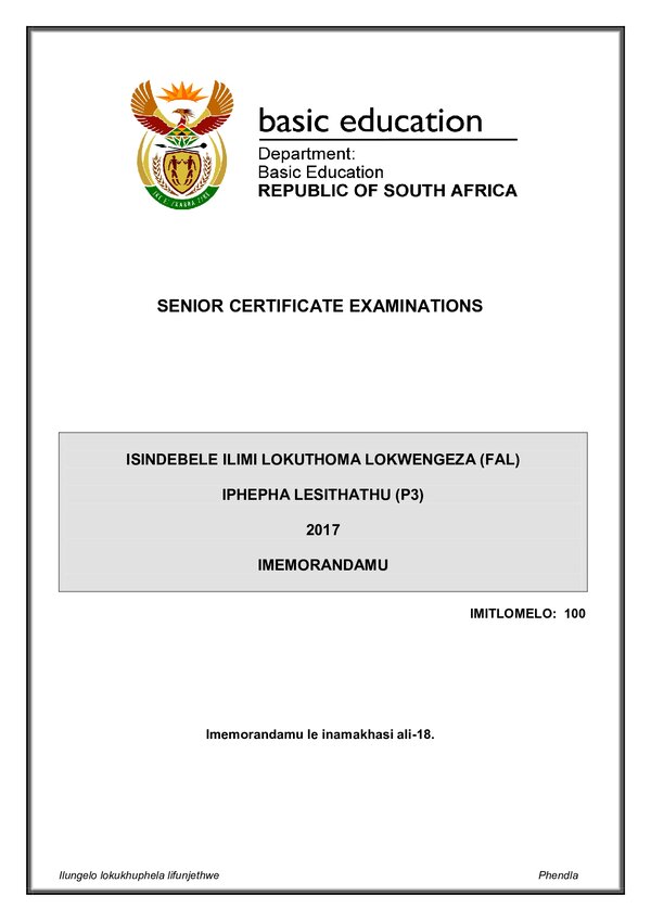 Grade 12 isiNdebele past paper 2017 – IsiNdebele FAL P3 Memo gr12