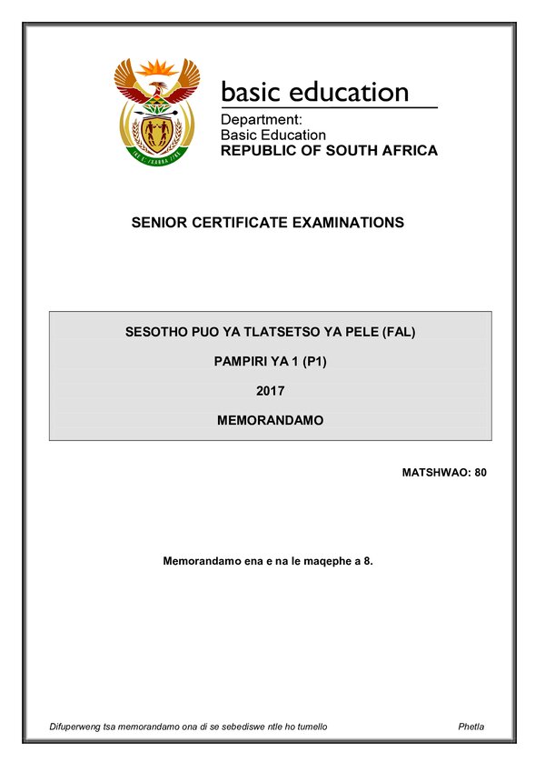 Grade 12 Sesotho past paper 2017 – Sesotho FAL P1 memo gr12