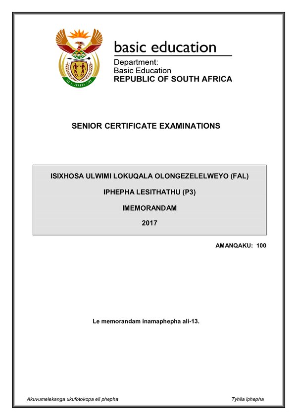Grade 12 isiXhosa past paper 2017 – IsiXhosa FAL P3 memo gr12