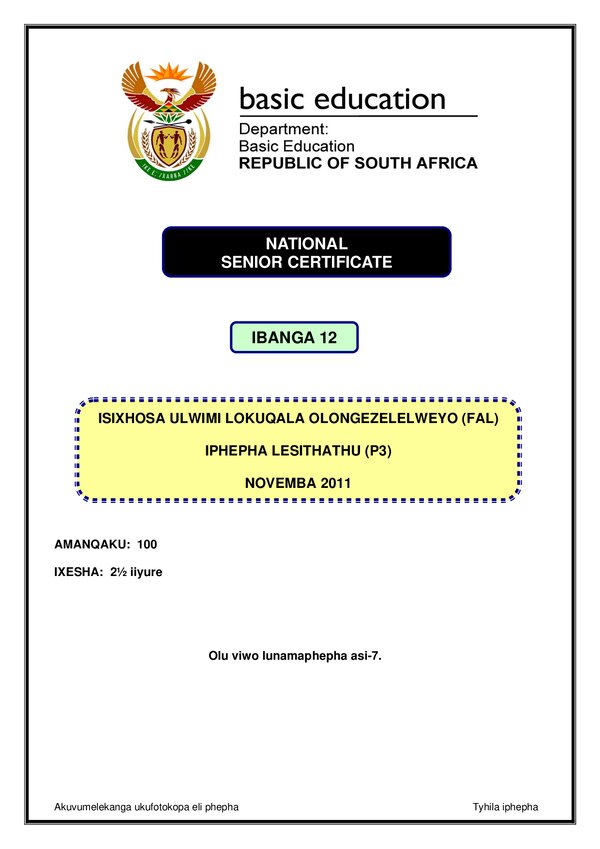 Grade 12 isiXhosa past paper 1994 – IsiXhosa FAL P3 gr12