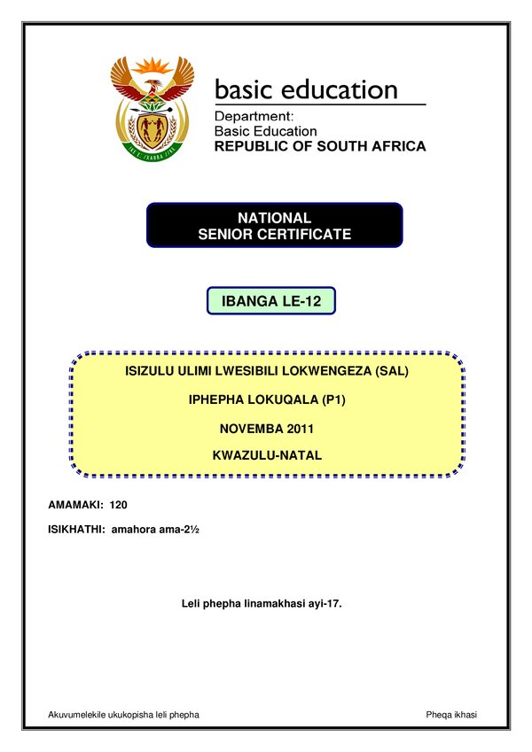 Isizulu Sal P1 (Kwazulu Natal) Gr12
