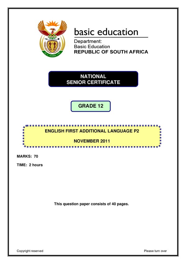 Grade 12 English past paper 2011 – English FAL P2 gr12