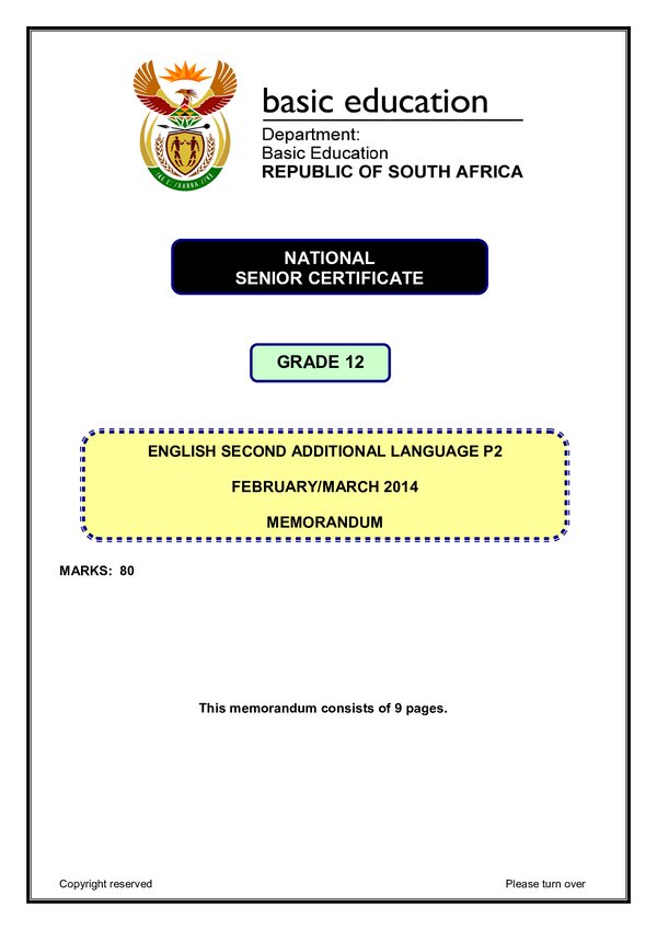 Grade 12 English past paper 2014 – English SAL P2 memo gr12